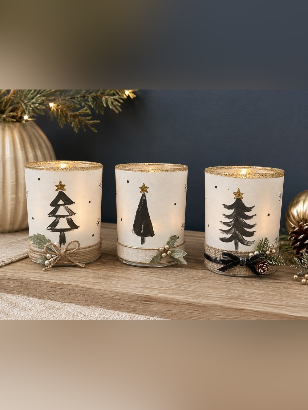Decorative Gold-Trim three tealight Holiday Christmas Tree Candle holders